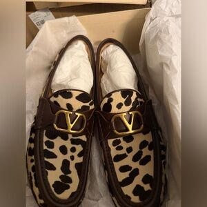 Valentino Garavani Animal Print Loafers with Brown and Gold Accents.Brand new